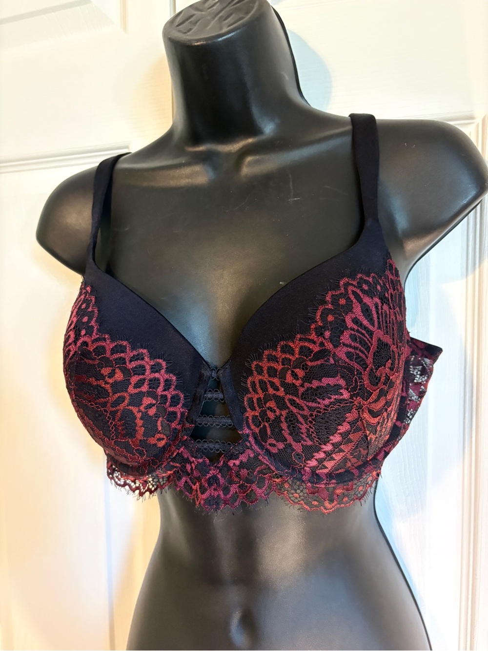 La SENZA Black Bra with Burgundy Lace Overlay